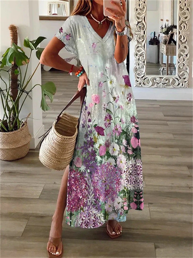 Floral Stripe Print Deep V-Neck Short Sleeve Side Slit Maxi Dress