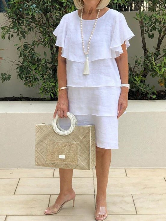 Tiered Ruffle Cape Sleeve Crew Neck Midi Dress
