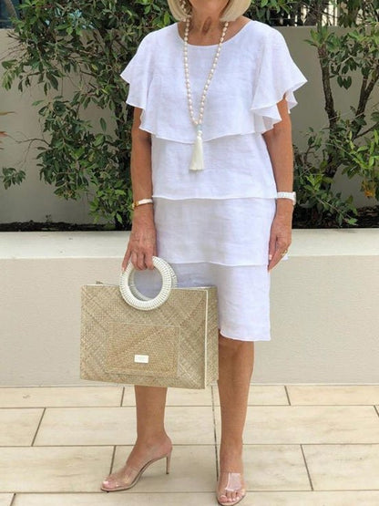 Tiered Ruffle Cape Sleeve Crew Neck Midi Dress