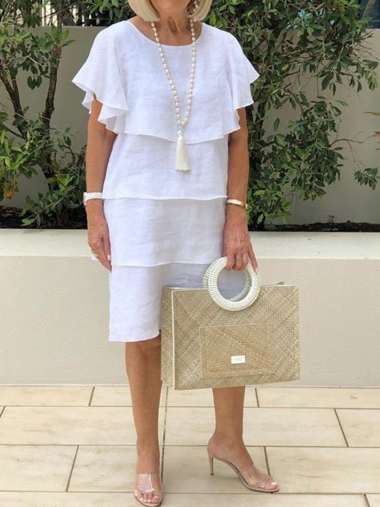 Tiered Ruffle Cape Sleeve Crew Neck Midi Dress