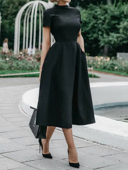 Mock Neck Cap Sleeve Fit and Flare Pocket Midi Dress