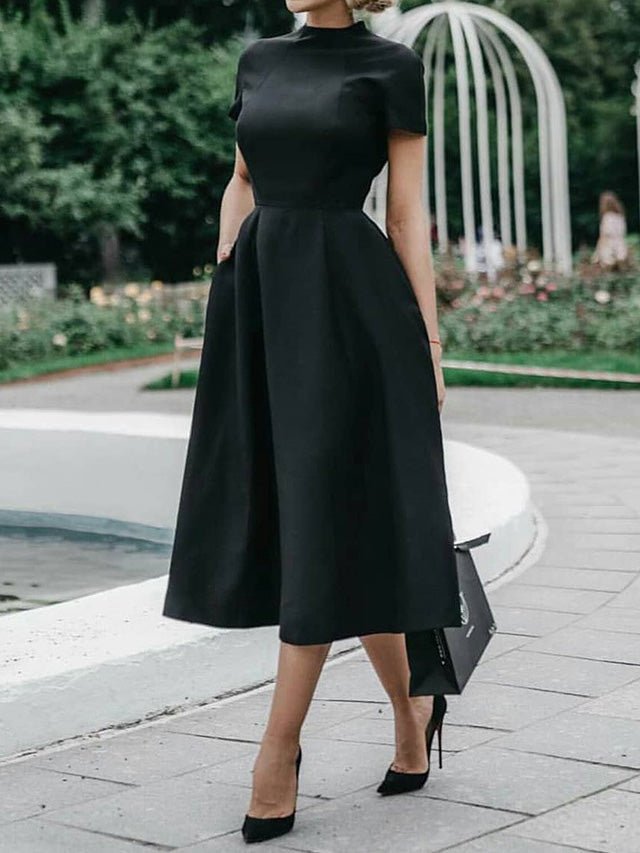 Mock Neck Cap Sleeve Fit and Flare Pocket Midi Dress