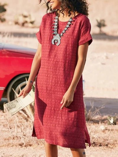Round Neck Cuffed Short Sleeve Side Slit Basketweave Shift Midi Dress