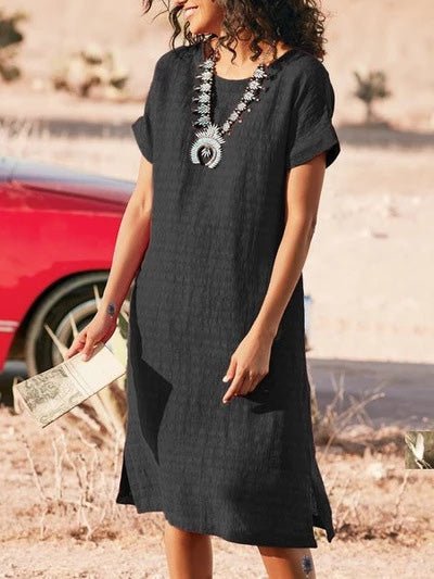 Round Neck Cuffed Short Sleeve Side Slit Basketweave Shift Midi Dress