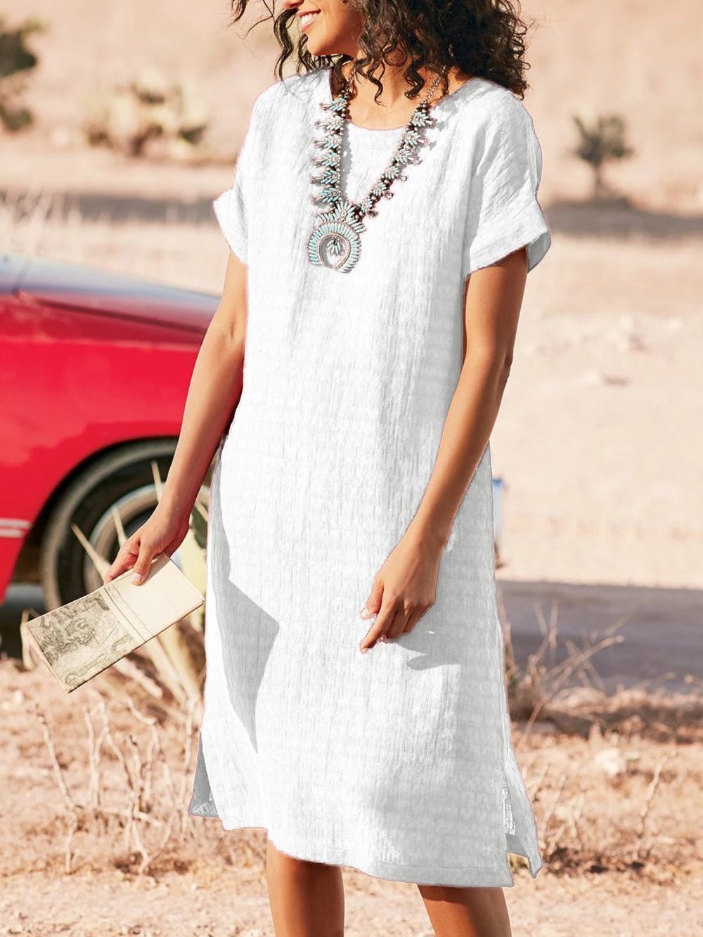 Round Neck Cuffed Short Sleeve Side Slit Basketweave Shift Midi Dress