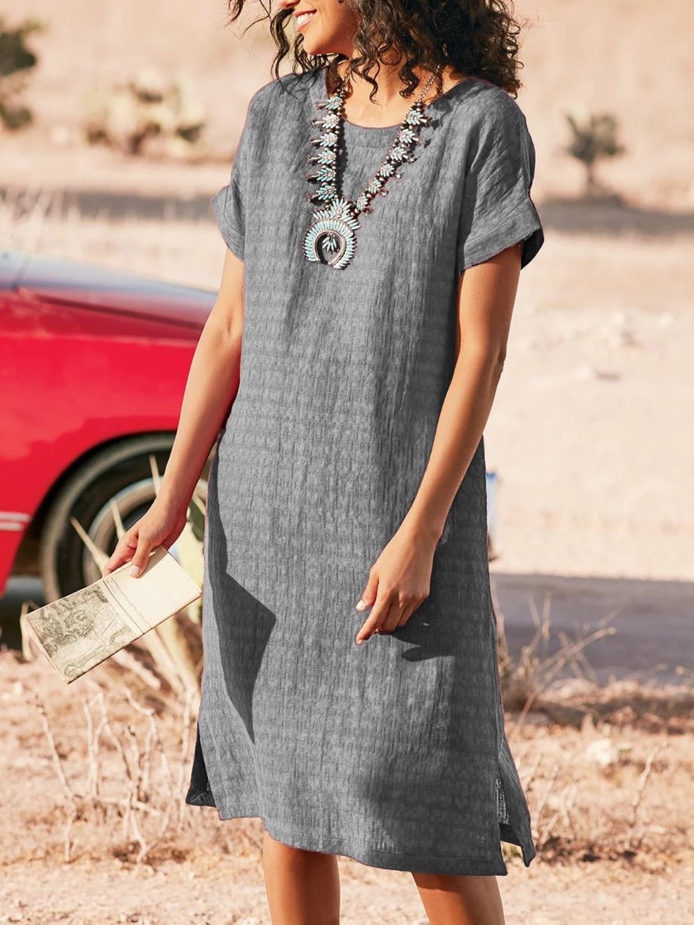 Round Neck Cuffed Short Sleeve Side Slit Basketweave Shift Midi Dress