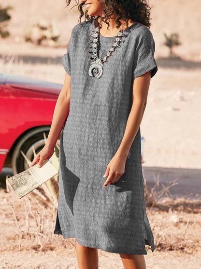 Round Neck Cuffed Short Sleeve Side Slit Basketweave Shift Midi Dress