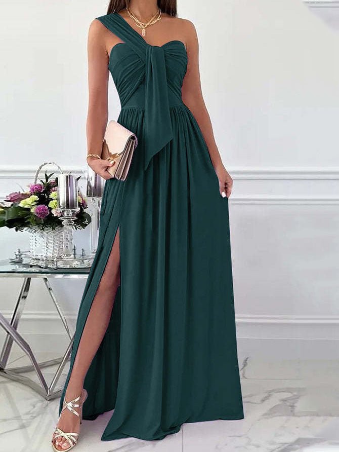 One-Shoulder Ruched Front Tie High Slit Flowy Maxi Dress