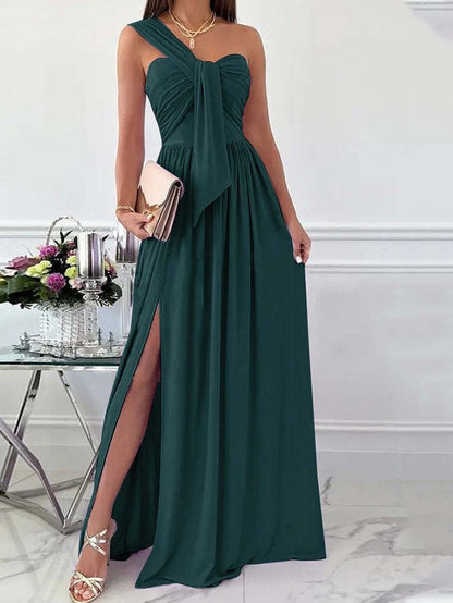 One-Shoulder Ruched Front Tie High Slit Flowy Maxi Dress