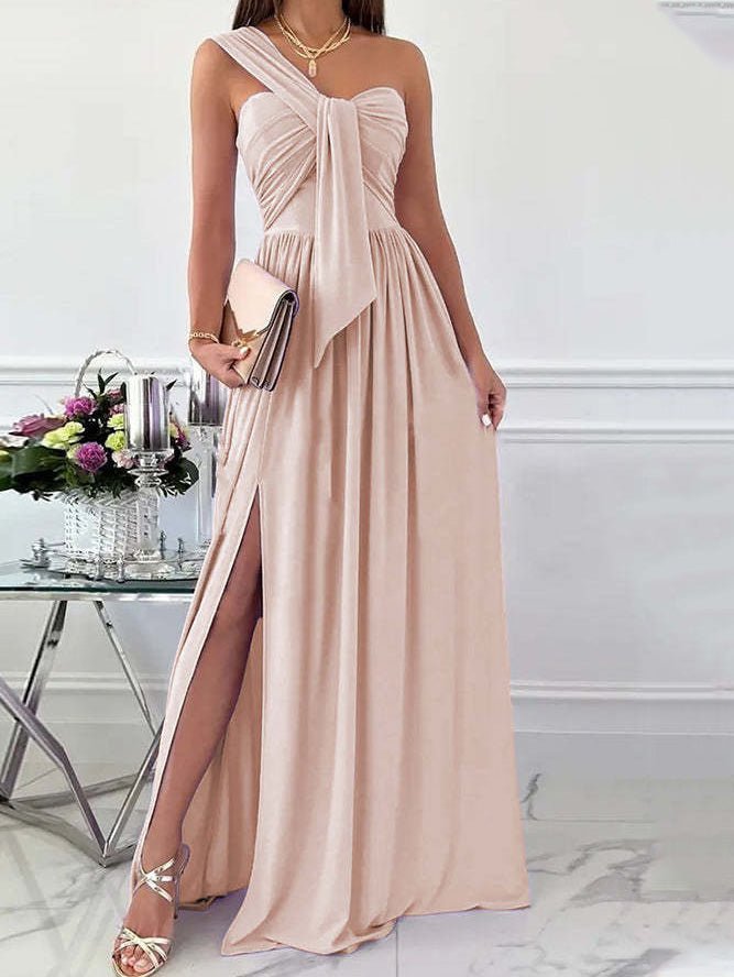 One-Shoulder Ruched Front Tie High Slit Flowy Maxi Dress