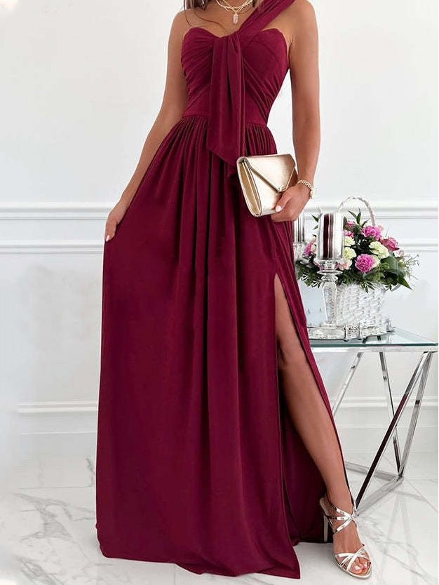 One-Shoulder Ruched Front Tie High Slit Flowy Maxi Dress