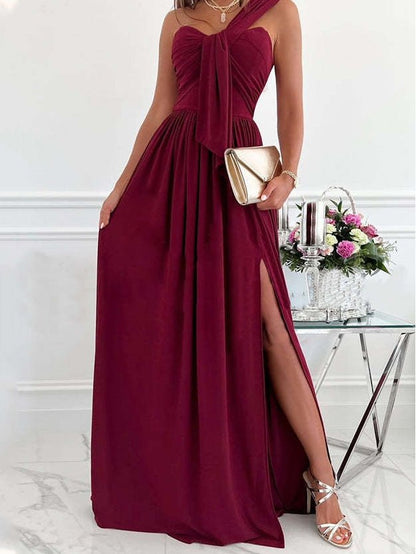 One-Shoulder Ruched Front Tie High Slit Flowy Maxi Dress