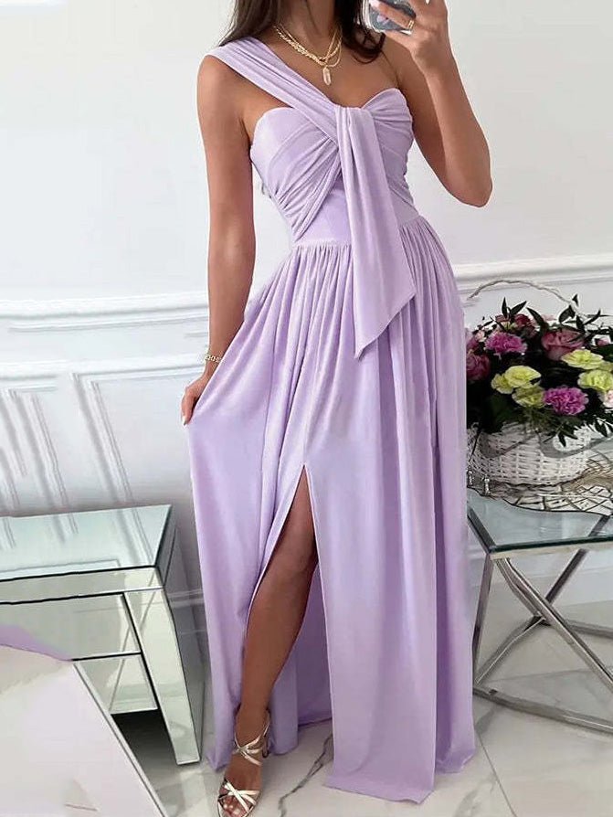 One-Shoulder Ruched Front Tie High Slit Flowy Maxi Dress