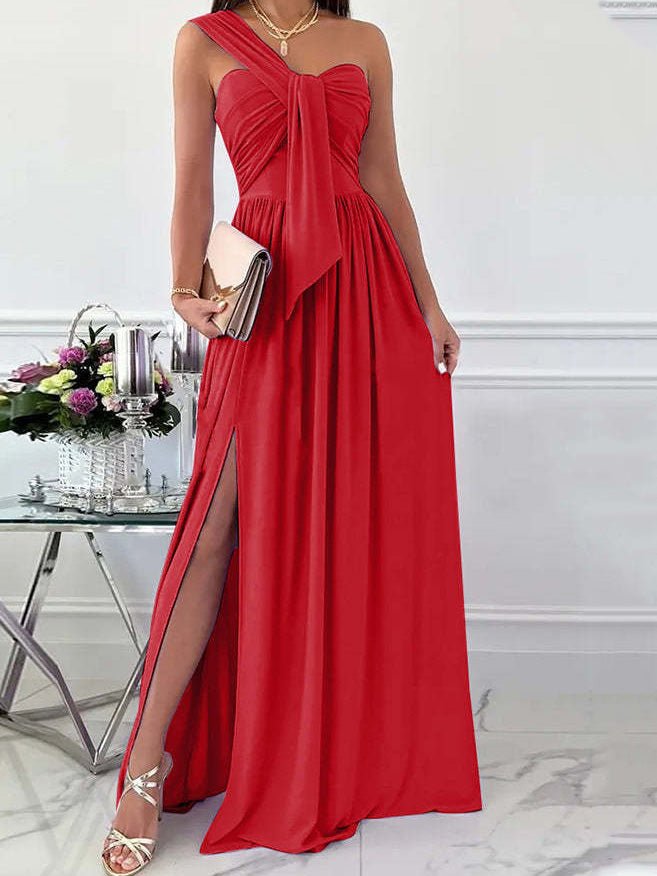 One-Shoulder Ruched Front Tie High Slit Flowy Maxi Dress