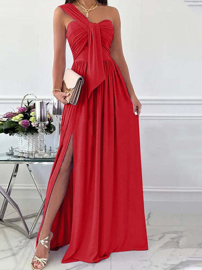 One-Shoulder Ruched Front Tie High Slit Flowy Maxi Dress