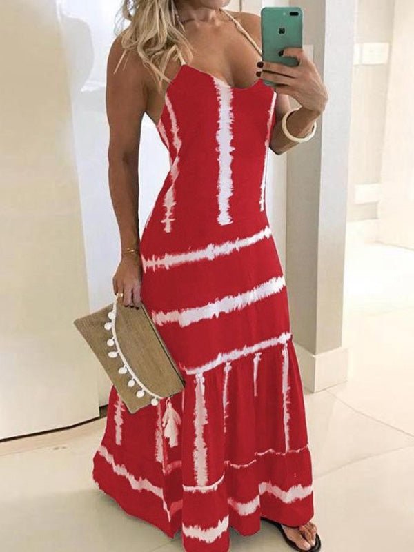 Spaghetti Strap Tie-Dye Print Tiered Ruffle Hem Maxi Dress