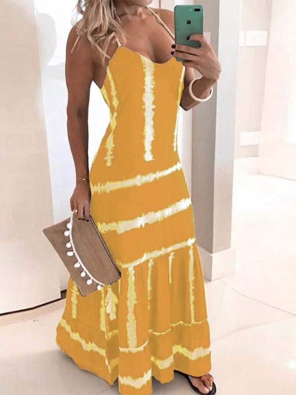 Spaghetti Strap Tie-Dye Print Tiered Ruffle Hem Maxi Dress