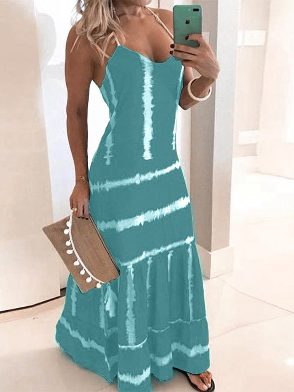 Spaghetti Strap Tie-Dye Print Tiered Ruffle Hem Maxi Dress