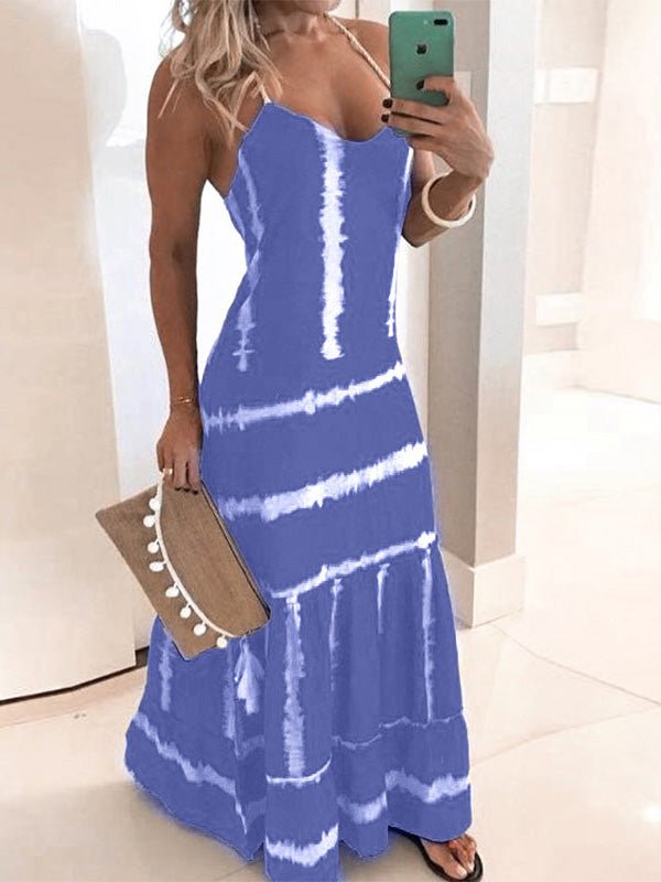 Spaghetti Strap Tie-Dye Print Tiered Ruffle Hem Maxi Dress