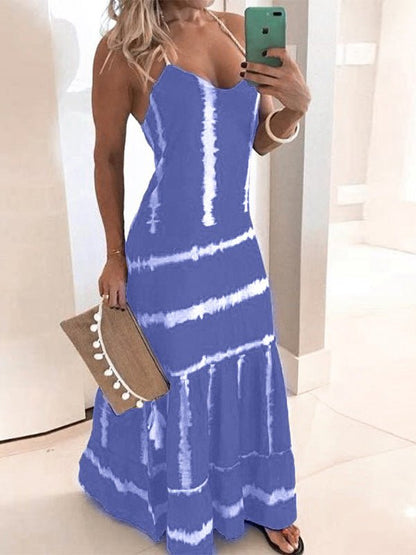 Spaghetti Strap Tie-Dye Print Tiered Ruffle Hem Maxi Dress