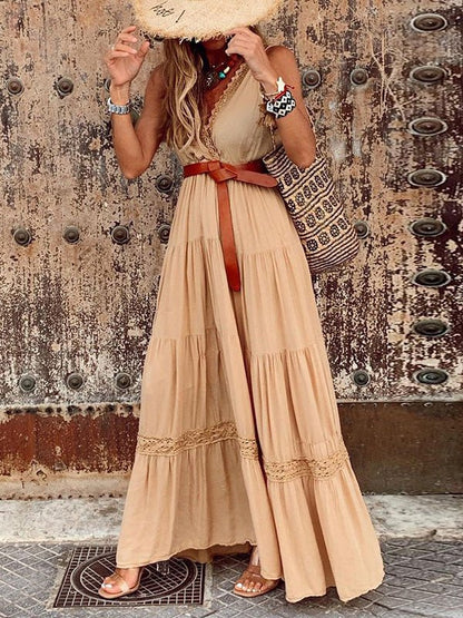 Deep V-Neck Crochet Trim Tiered Belted Boho Maxi Dress