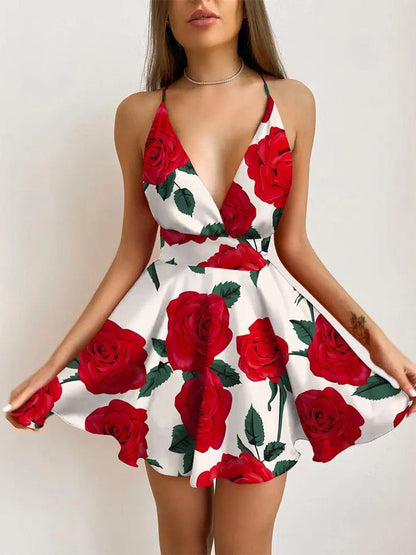 Ombre Gradient Deep V-Neck Spaghetti Strap Fit and Flare Mini Dress