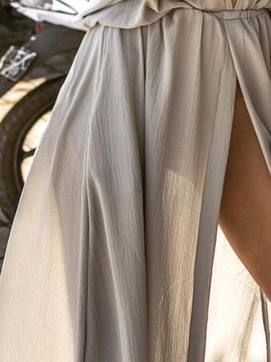 Deep V-Neck Rolled Sleeve Gathered Waist Front Slit Maxi Dress