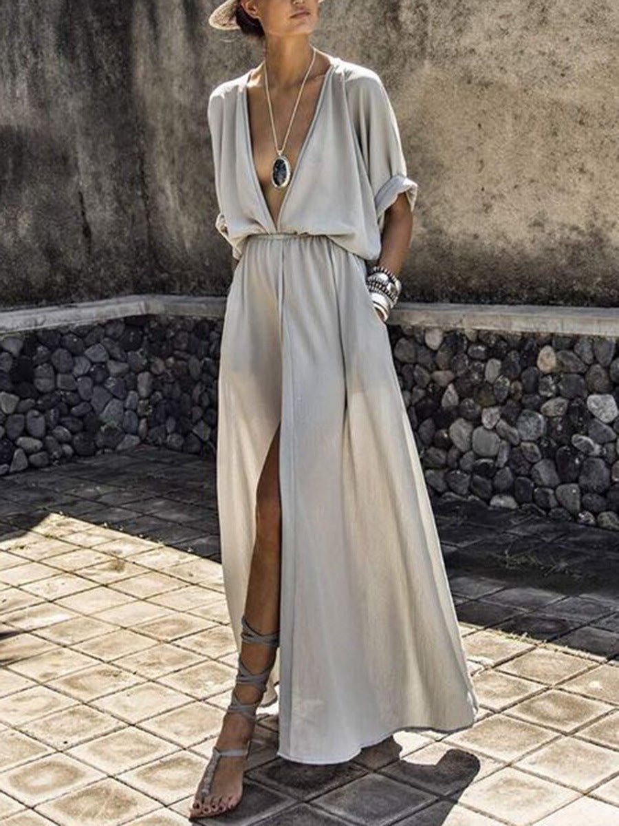 Deep V-Neck Rolled Sleeve Gathered Waist Front Slit Maxi Dress