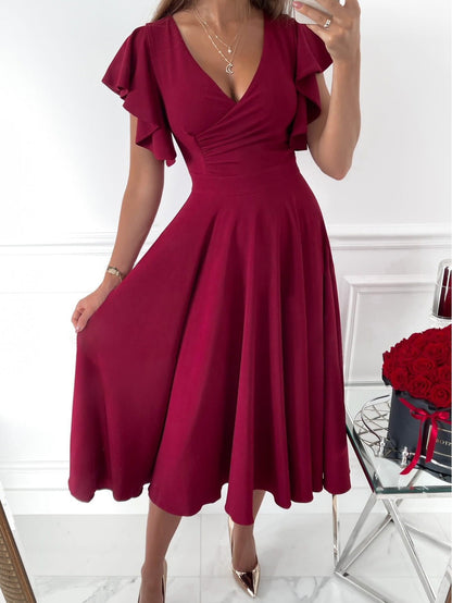 Deep V Surplice Flutter Sleeve Band Waist A Line Midi Dress