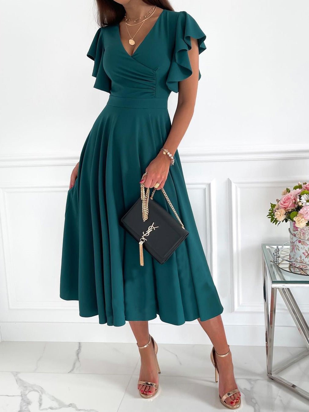 Deep V Surplice Flutter Sleeve Band Waist A Line Midi Dress