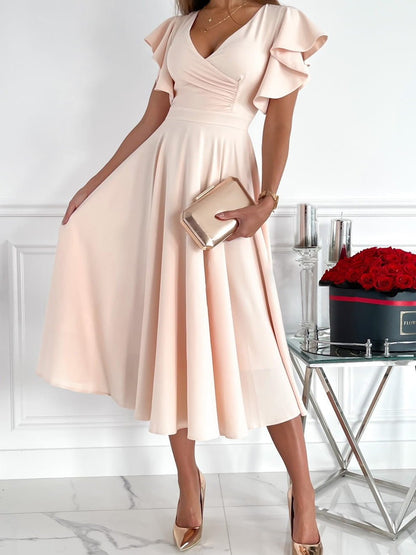Deep V Surplice Flutter Sleeve Band Waist A Line Midi Dress