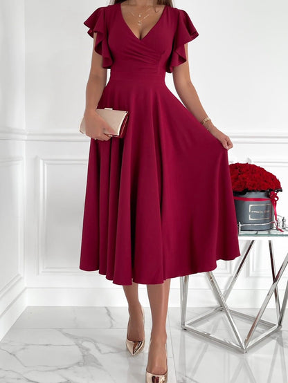 Deep V Surplice Flutter Sleeve Band Waist A Line Midi Dress