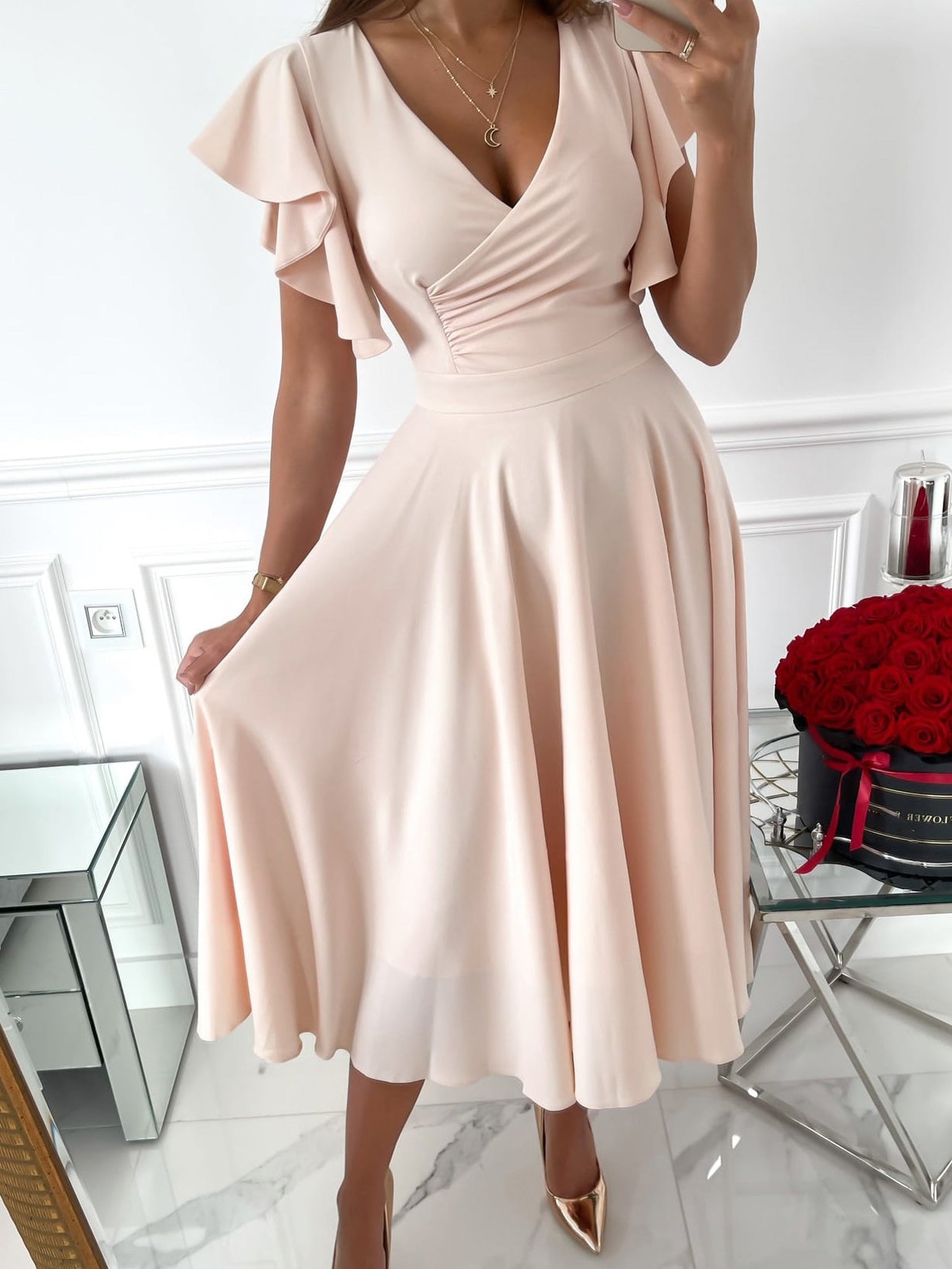 Deep V Surplice Flutter Sleeve Band Waist A Line Midi Dress