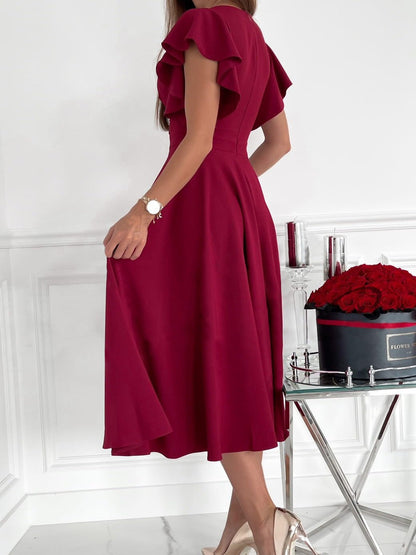 Deep V Surplice Flutter Sleeve Band Waist A Line Midi Dress