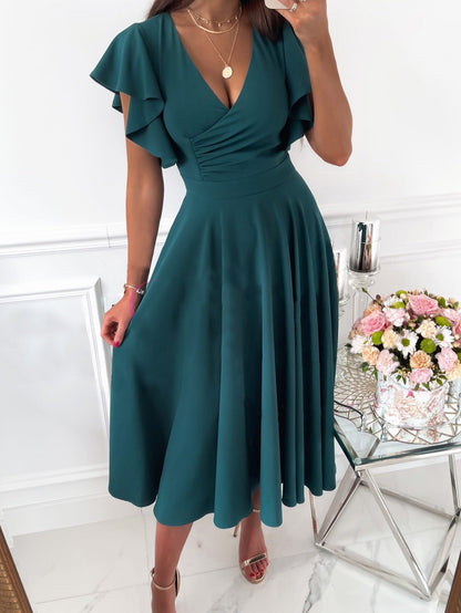 Deep V Surplice Flutter Sleeve Band Waist A Line Midi Dress