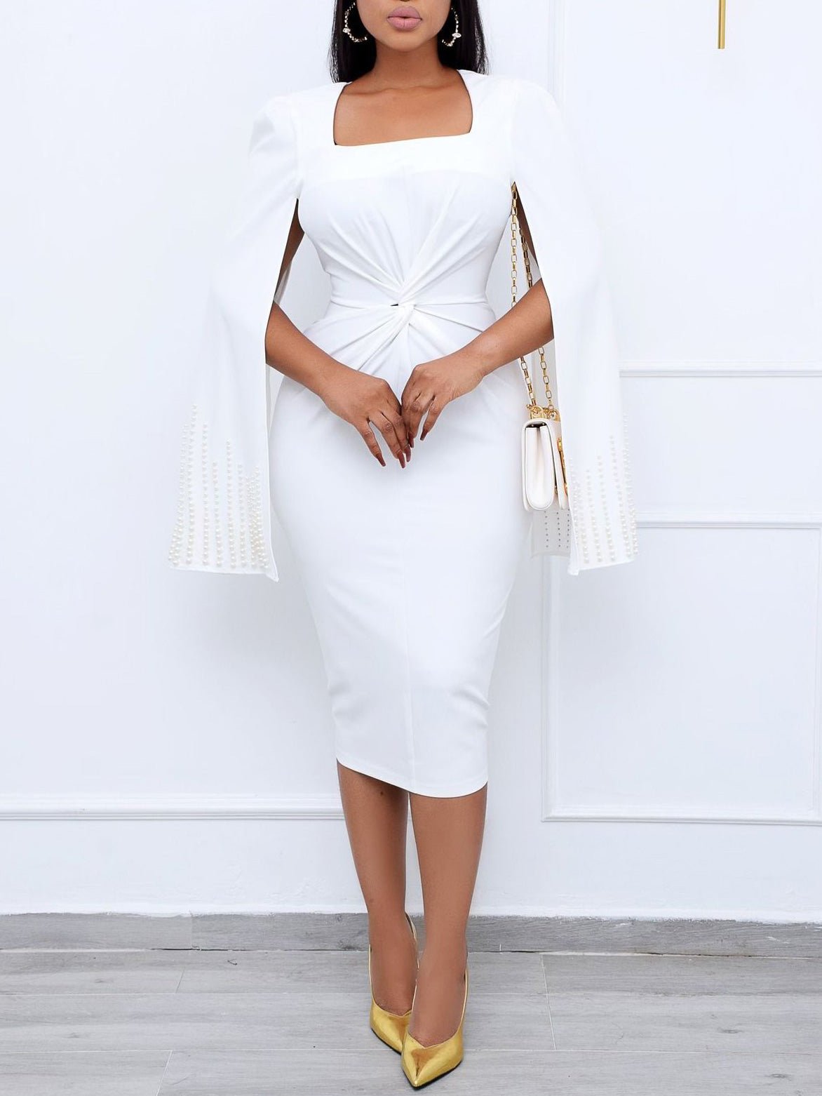 Square Neck Beaded Cape Sleeve Twisted Knot Waist Bodycon Midi Dress