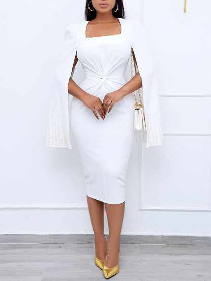 Square Neck Beaded Cape Sleeve Twisted Knot Waist Bodycon Midi Dress