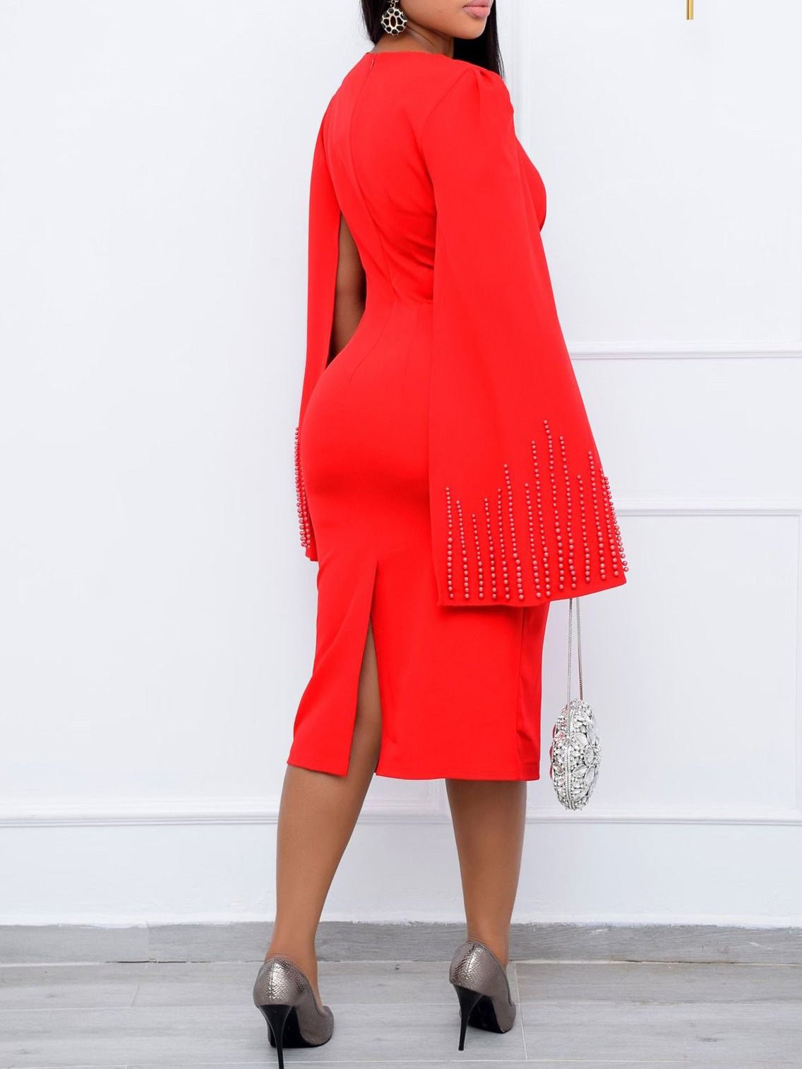 Square Neck Beaded Cape Sleeve Twisted Knot Waist Bodycon Midi Dress