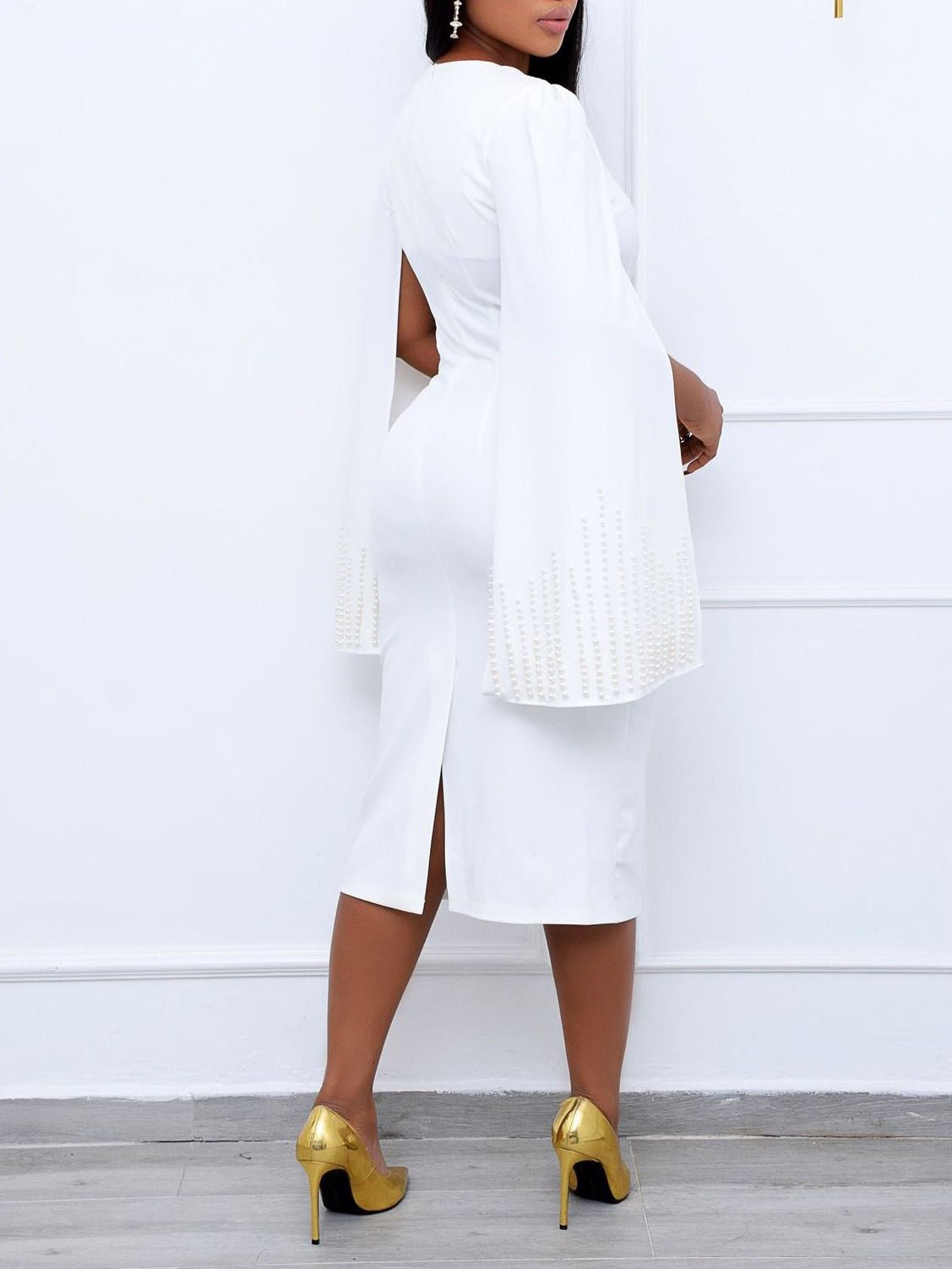 Square Neck Beaded Cape Sleeve Twisted Knot Waist Bodycon Midi Dress