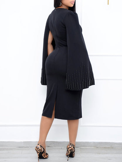 Square Neck Beaded Cape Sleeve Twisted Knot Waist Bodycon Midi Dress
