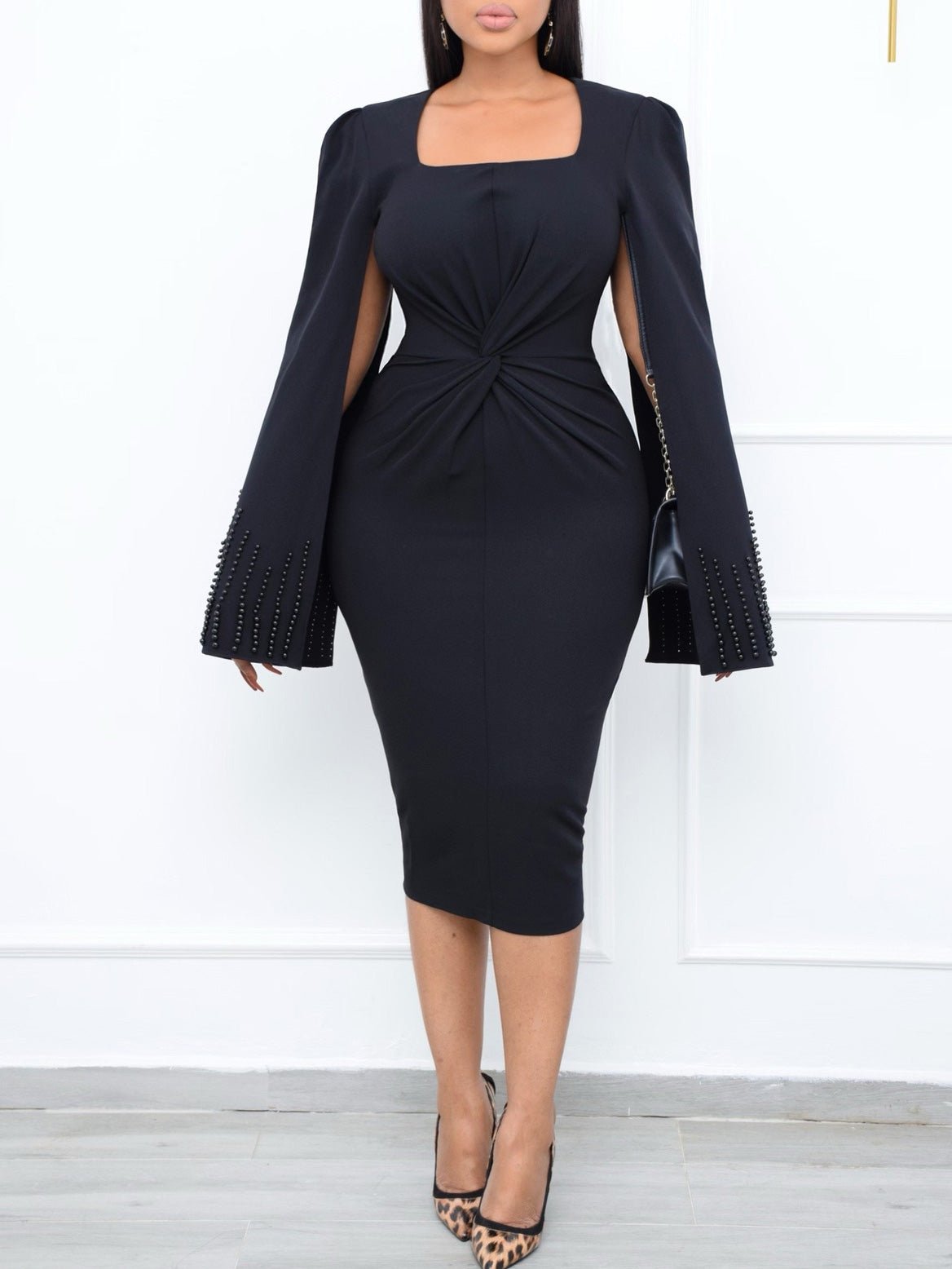 Square Neck Beaded Cape Sleeve Twisted Knot Waist Bodycon Midi Dress