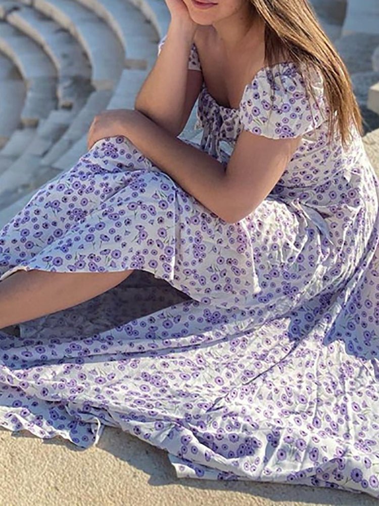 Ditsy Floral Off-the-Shoulder Puff Sleeve Halter Side Slit Maxi Dress