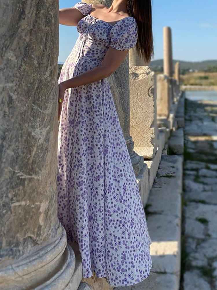 Ditsy Floral Off-the-Shoulder Puff Sleeve Halter Side Slit Maxi Dress