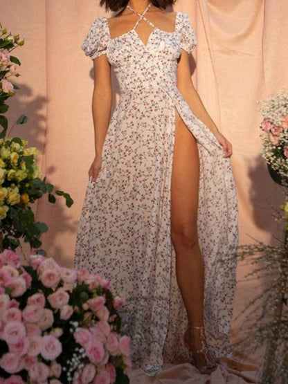 Ditsy Floral Off-the-Shoulder Puff Sleeve Halter Side Slit Maxi Dress