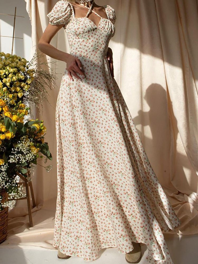 Ditsy Floral Off-the-Shoulder Puff Sleeve Halter Side Slit Maxi Dress