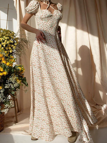 Ditsy Floral Off-the-Shoulder Puff Sleeve Halter Side Slit Maxi Dress