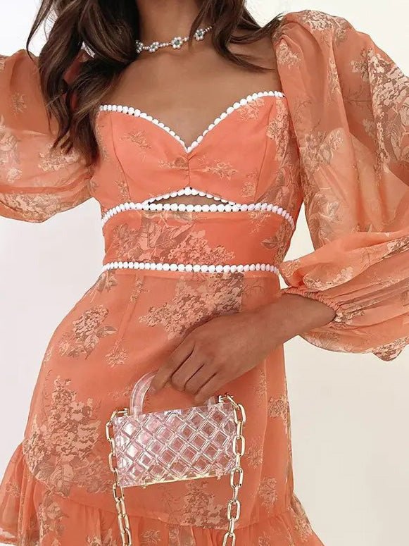 Square Neck Cutout Puff Sleeve Pom Trim Ruffle Mini Dress