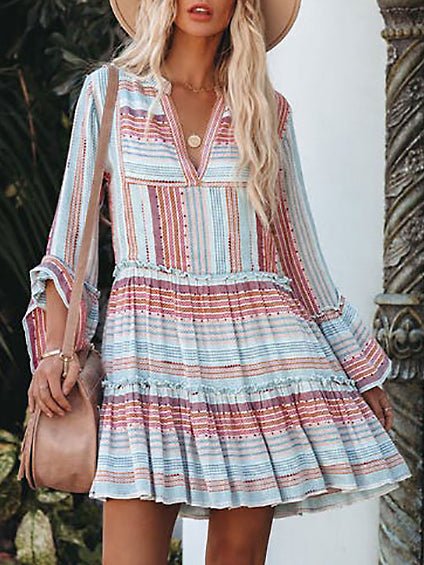 Notched V-Neck Multi Stripe Print Tiered Bell Sleeve Ruffle Trim Mini Dress