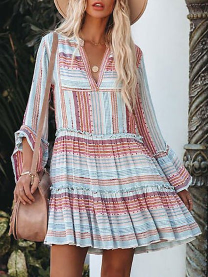 Notched V-Neck Multi Stripe Print Tiered Bell Sleeve Ruffle Trim Mini Dress