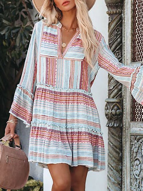 Notched V-Neck Multi Stripe Print Tiered Bell Sleeve Ruffle Trim Mini Dress